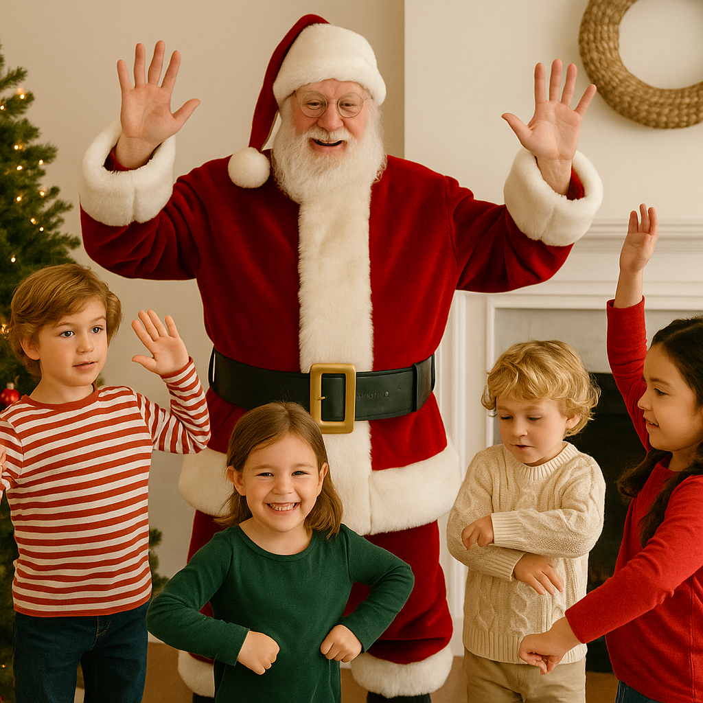 A group of kids playing a fun game with Santa. 