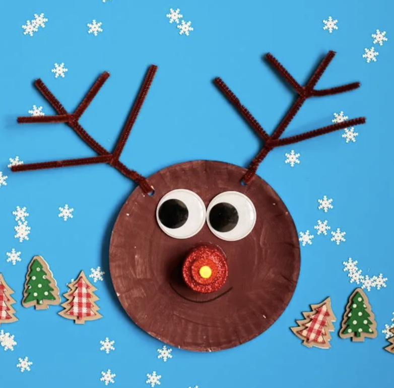 Paper plate painted brown with large google eyes and pipe cleaner antlers. Fun Christmas craft for kids. 