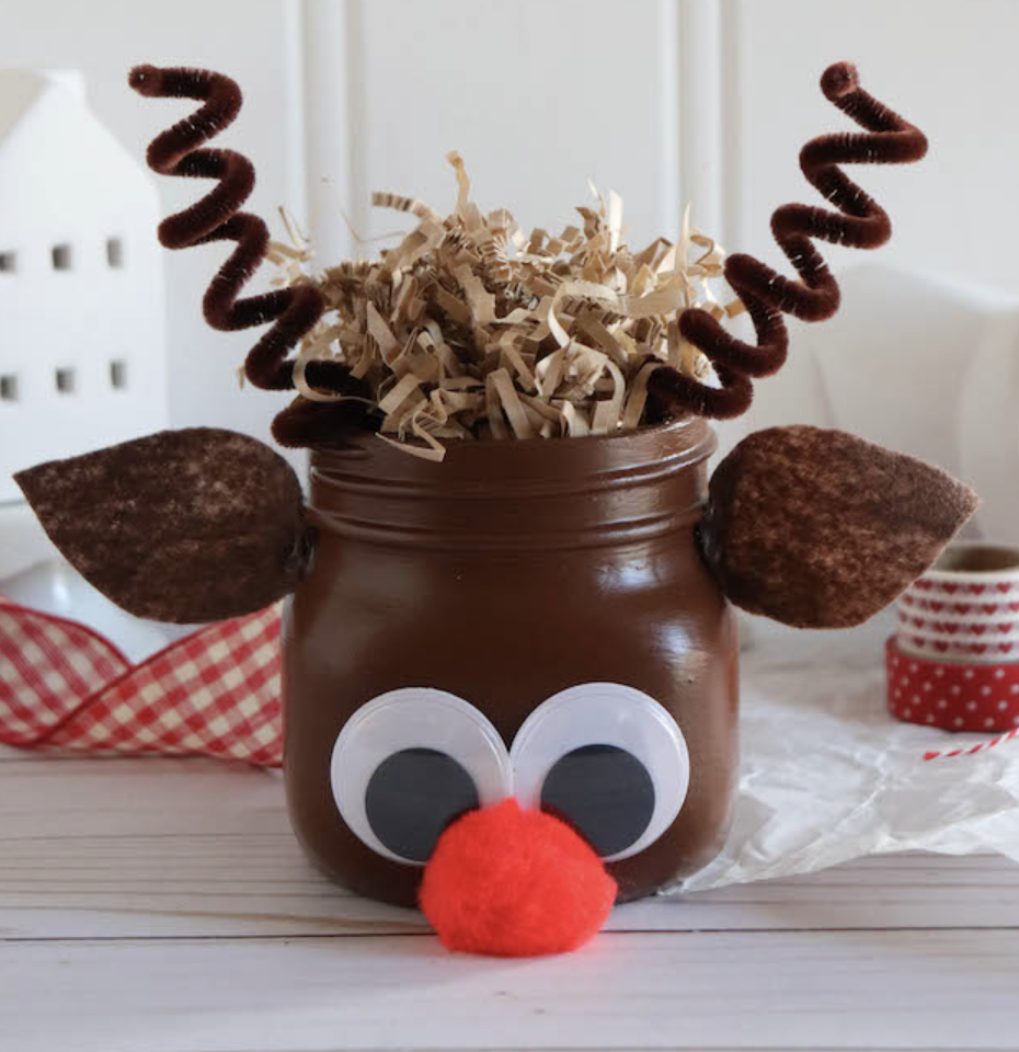 A cute brown mason jar made into a reindeer. 