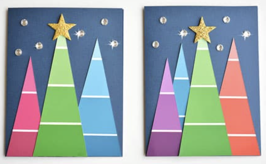 Fun Christmas tree craft made with paint chips for kids. 