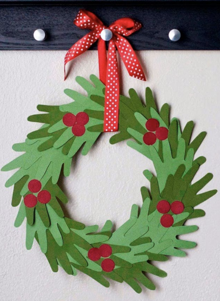 A fun handprint Christmas wreath craft for kids to make over the holiday break. 