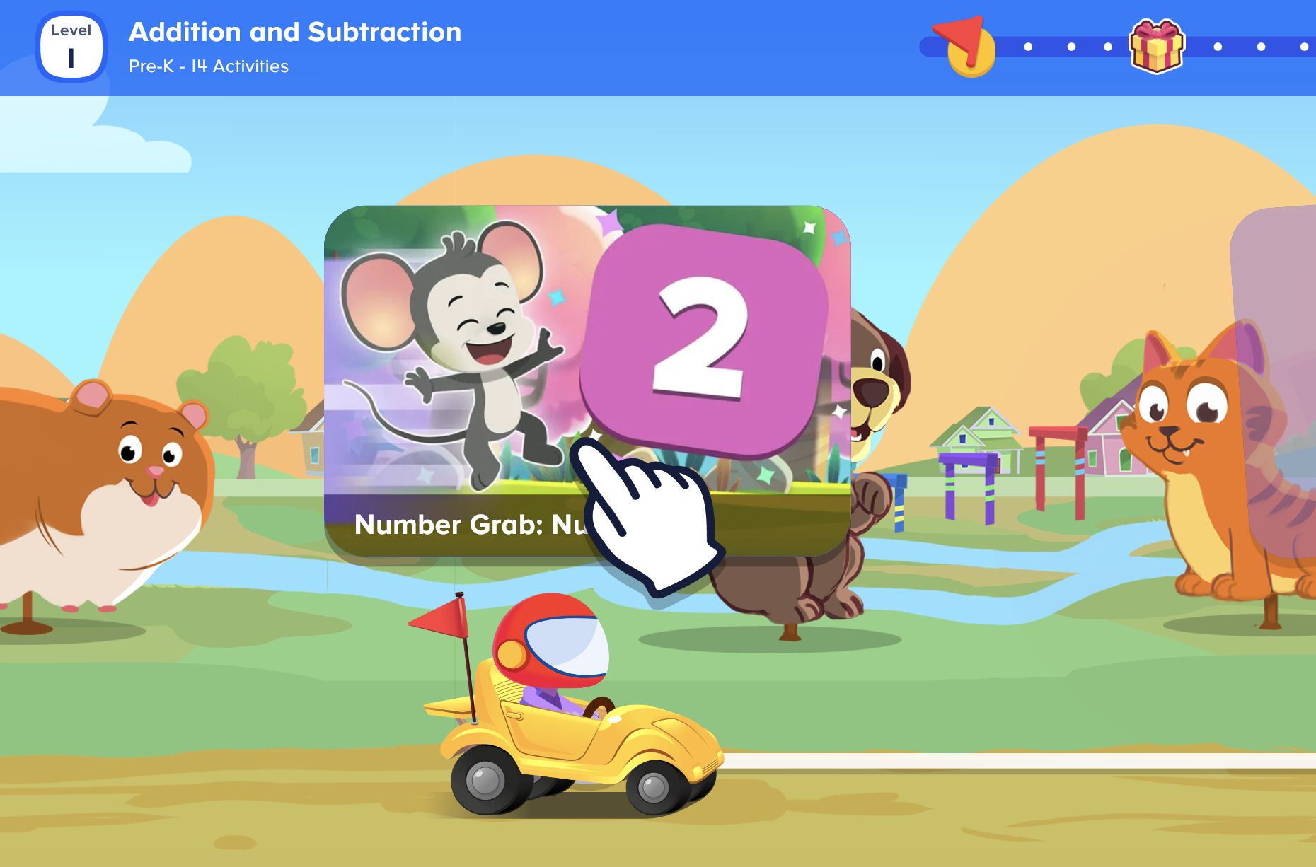 Screenshot of addition and subtraction track with a fun app game. 