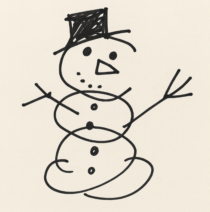 A simple kids drawing of a snowman on a piece of white paper. 