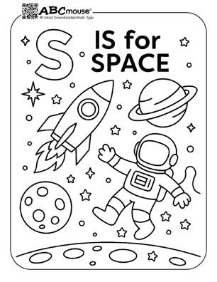 S is for space coloring page for kids from ABCmouse.com. 