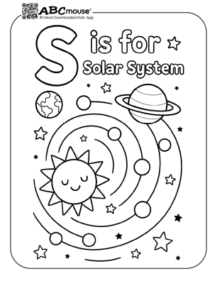 S is for solar system coloring page for kids from ABCmouse.com. 