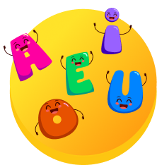 Cute A, E, I. O, U cartoon icon.