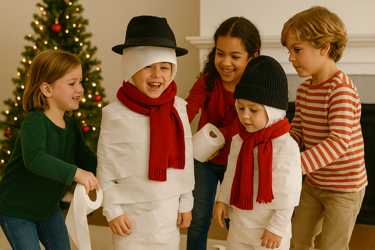 Fun group of kids rolling each other up in toilet paper for a fun snowman game. 