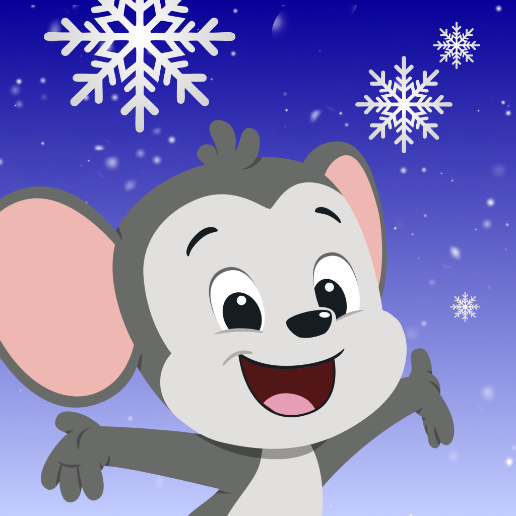 ABC mouse with arms wide open on a blue winter snowflake background.