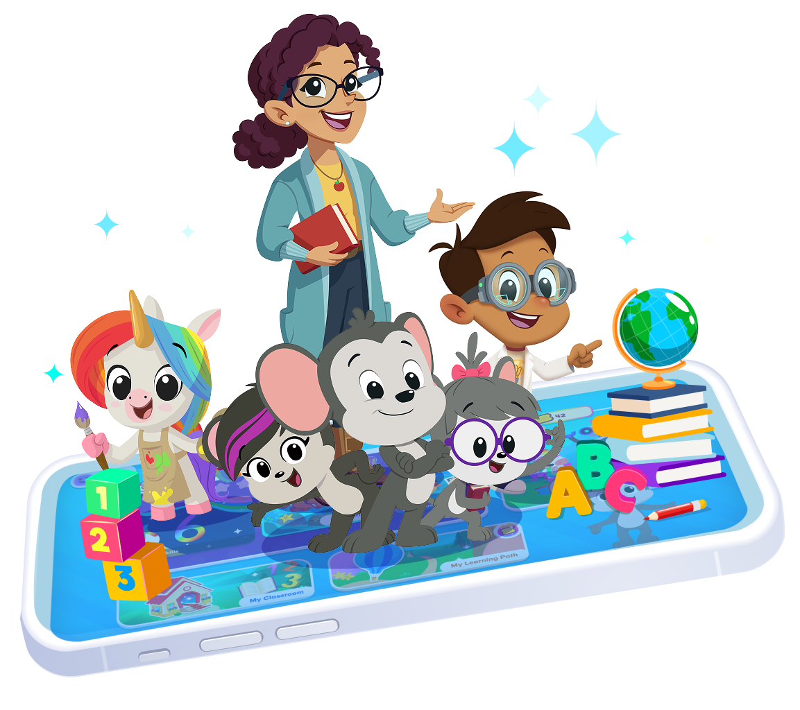 A colorful illustration shows a teacher and two children standing on a large tablet with friendly cartoon animal characters. The screen features letters, numbers, books, a globe, and learning icons, representing a fun, interactive digital learning environment for kids.