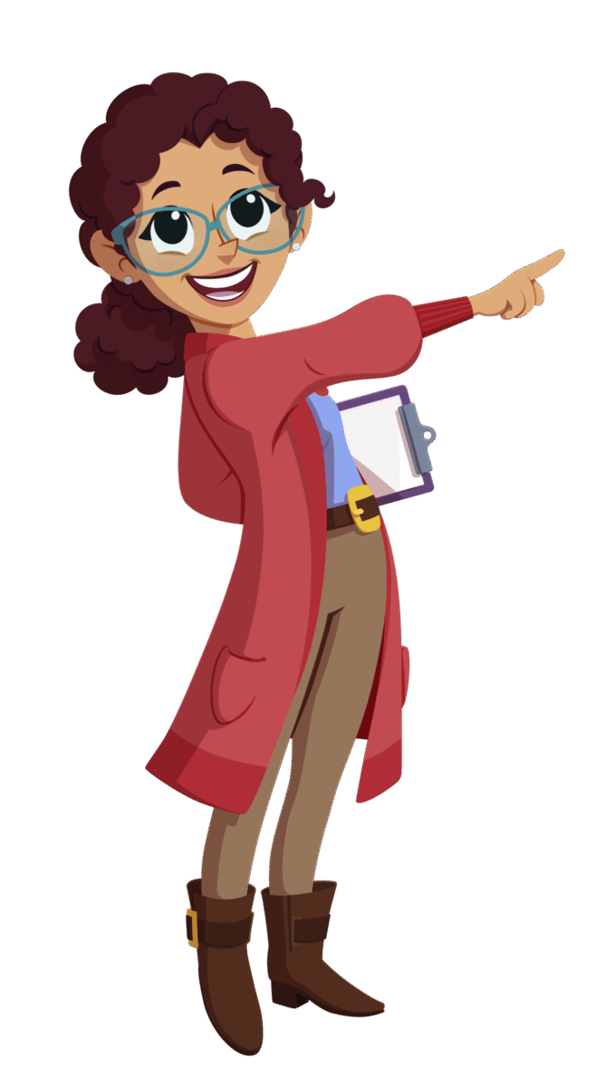 Illustration of Mrs. Jones, a first- and second-grade teacher, smiling while pointing to the side and holding a book.