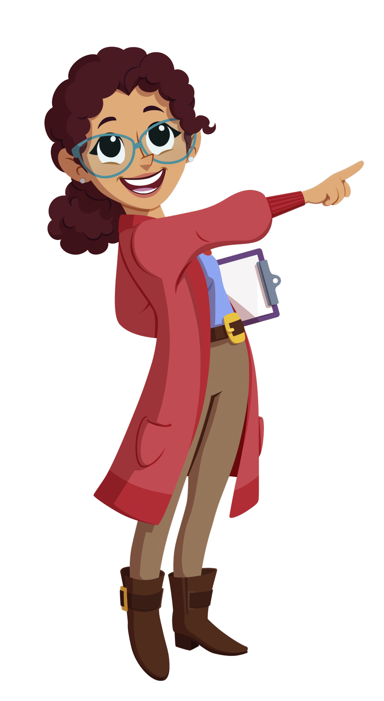 Illustration of Mrs. Jones, a first- and second-grade teacher, smiling while pointing to the side and holding a book.