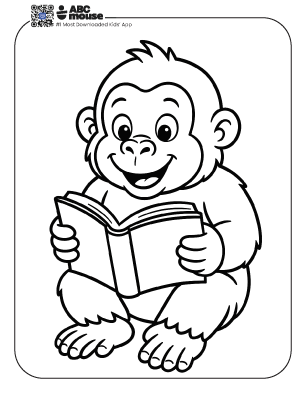 Free printable baby gorilla reading coloring page for kids from ABCmouse.com. 