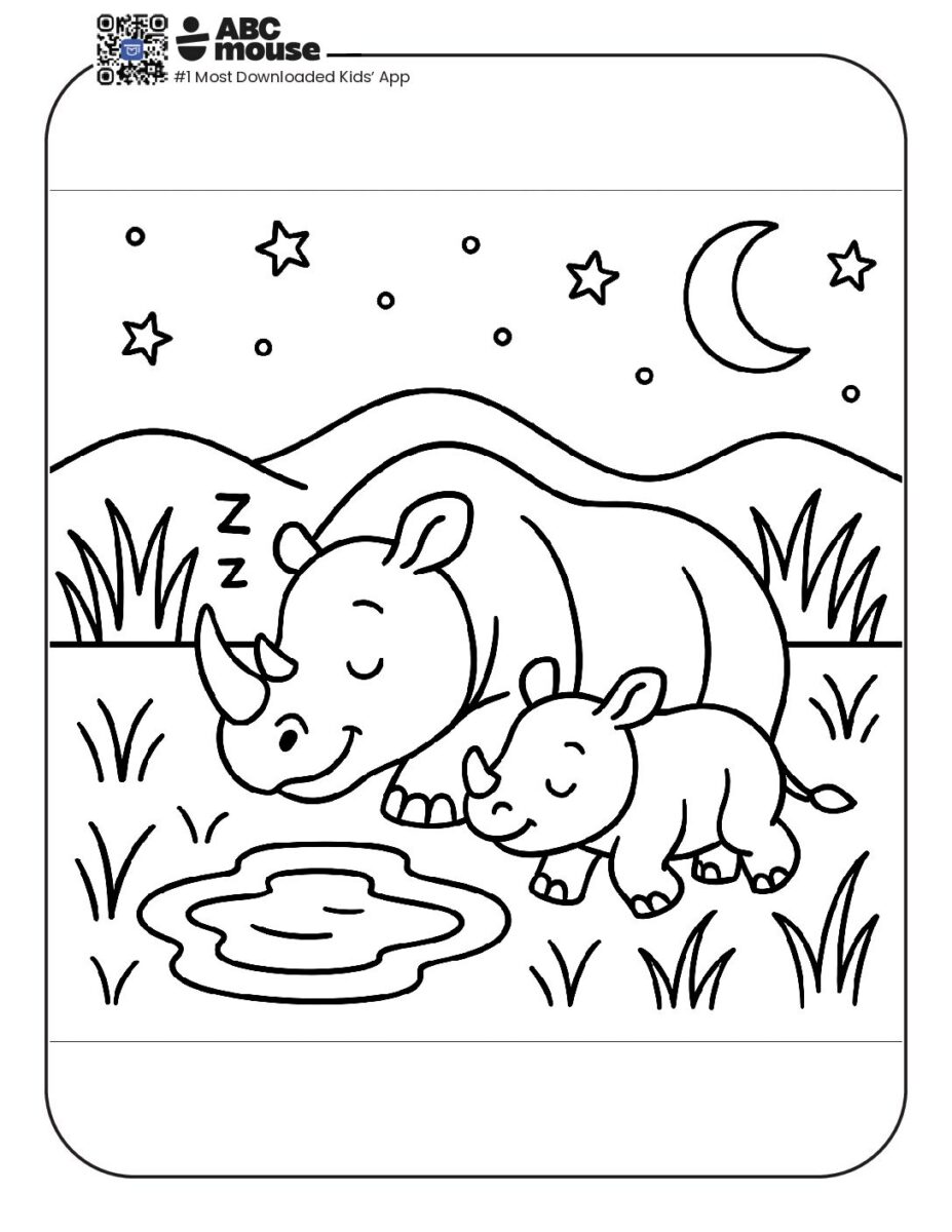 Cute Rhino Family Sleeping Under the Stars and Moon Coloring Page ...