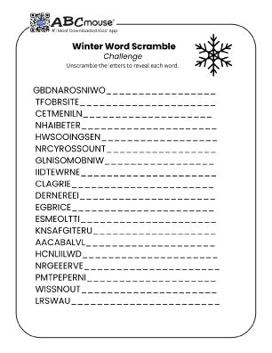 Free printable challenge winter word scramble puzzle for kids from ABCmouse.com.