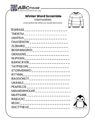 Free printable intermediate winter word scramble puzzle for kids from ABCmouse.com.
