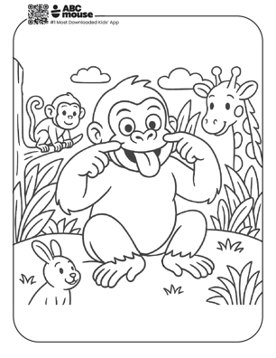 Free printable funny face gorilla coloring page for kids from ABCmouse.com. 