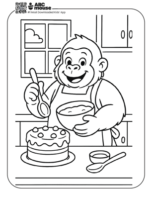 Free printable gorilla baking coloring page for kids from ABCmouse.com. 