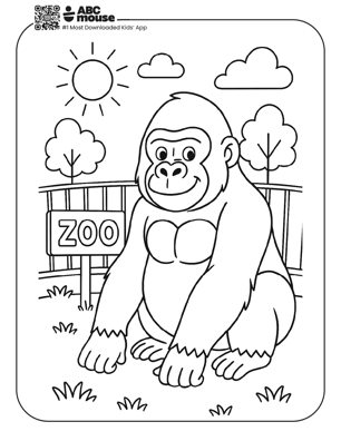 Free printable gorilla at the zoo coloring page for kids from ABCmouse.com. 