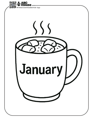 Free printable January hot cocoa themed coloring page for kids from ABCmouse.com. 