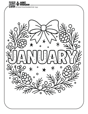 Free printable January wreath themed coloring page for kids from ABCmouse.com. 