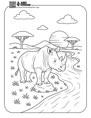 Free printable rhinoceros by a river coloring page for kids from ABCmouse.com. 