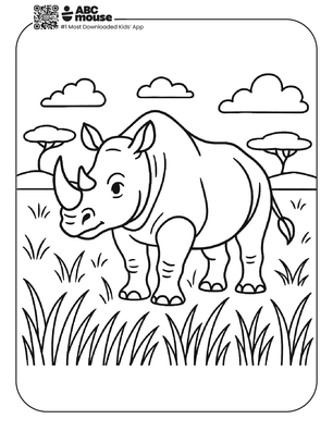 Free printable rhinoceros on the savannah coloring page for kids from ABCmouse.com. 