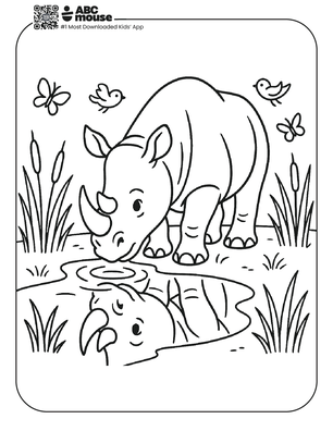 Free printable rhinoceros drinking coloring page for kids from ABCmouse.com. 