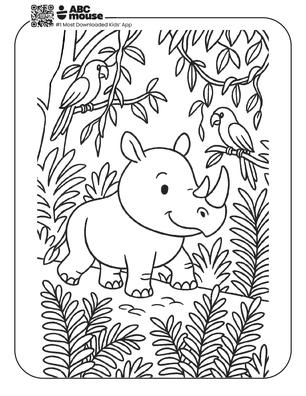 Free printable rhinoceros in the jungle coloring page for kids from ABCmouse.com. 