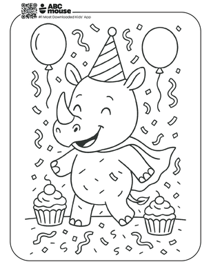 Free printable rhinoceros birthday party coloring page for kids from ABCmouse.com. 