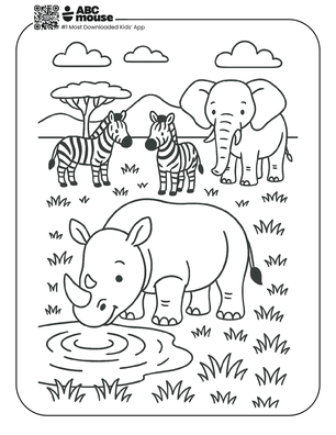 Free printable rhinoceros drinking coloring page for kids from ABCmouse.com. 
