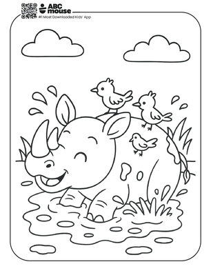 Free printable rhinoceros mud bath coloring page for kids from ABCmouse.com. 