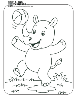 Free printable rhinoceros playing ball coloring page for kids from ABCmouse.com. 