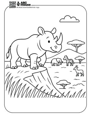 Free printable rhinoceros on a rock coloring page for kids from ABCmouse.com. 
