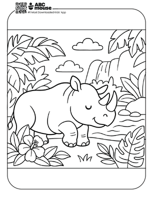 Free printable rhinoceros in the jungle coloring page for kids from ABCmouse.com. 