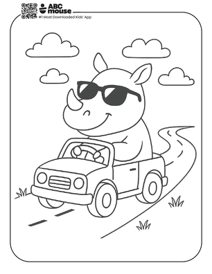 Free printable rhinoceros driving a car coloring page for kids from ABCmouse.com. 