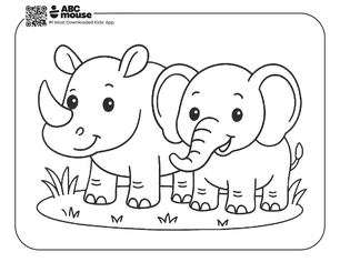 Free printable rhinoceros and elephant coloring page for kids from ABCmouse.com. 