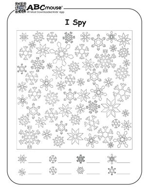 Free printable snowflake I spy page for kids from ABCmouse.com.