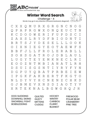Free printable Challenge winter word search for kids from ABCmouse.com.