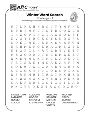 Free printable Challenge winter word search for kids from ABCmouse.com.