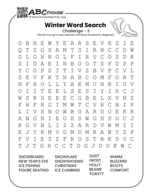 Free printable Challenge winter word search for kids from ABCmouse.com.