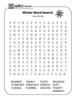 Free printable cozy winter word search for kids from ABCmouse.com.
