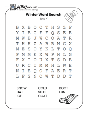Free printable easy winter word search for kids from ABCmouse.com.