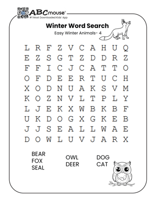 Free printable easy winter animal word search for kids from ABCmouse.com.