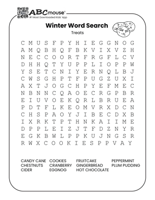 Free printable treats winter word search for kids from ABCmouse.com.