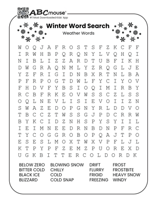 Free printable weather winter word search for kids from ABCmouse.com.
