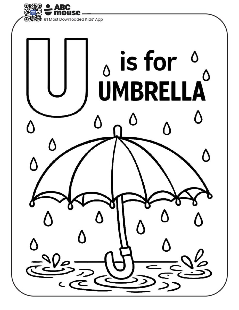 Letter U Coloring Page with umbrella and raindrops | ABCmouse
