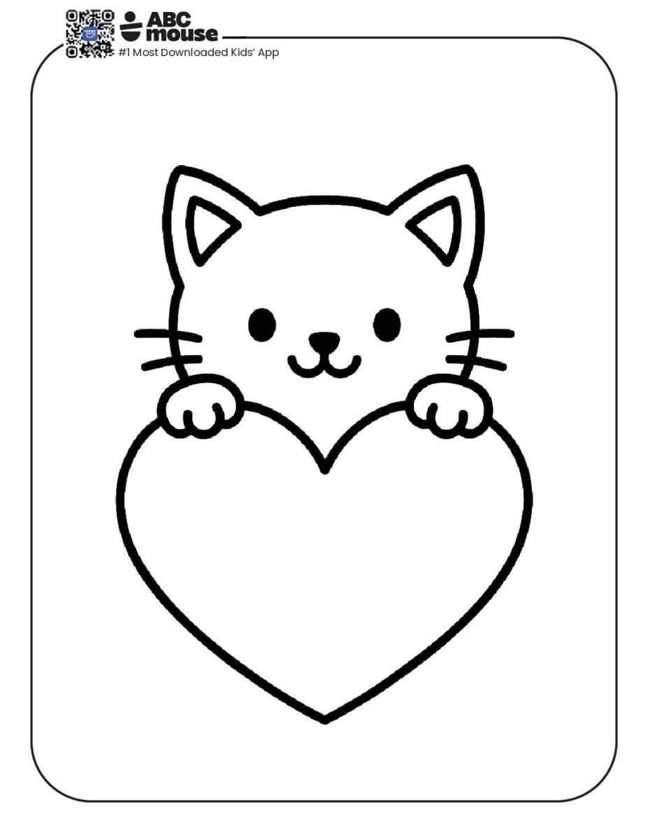 Simple Valentine Cat with Heart Coloring Page | ABCmouse