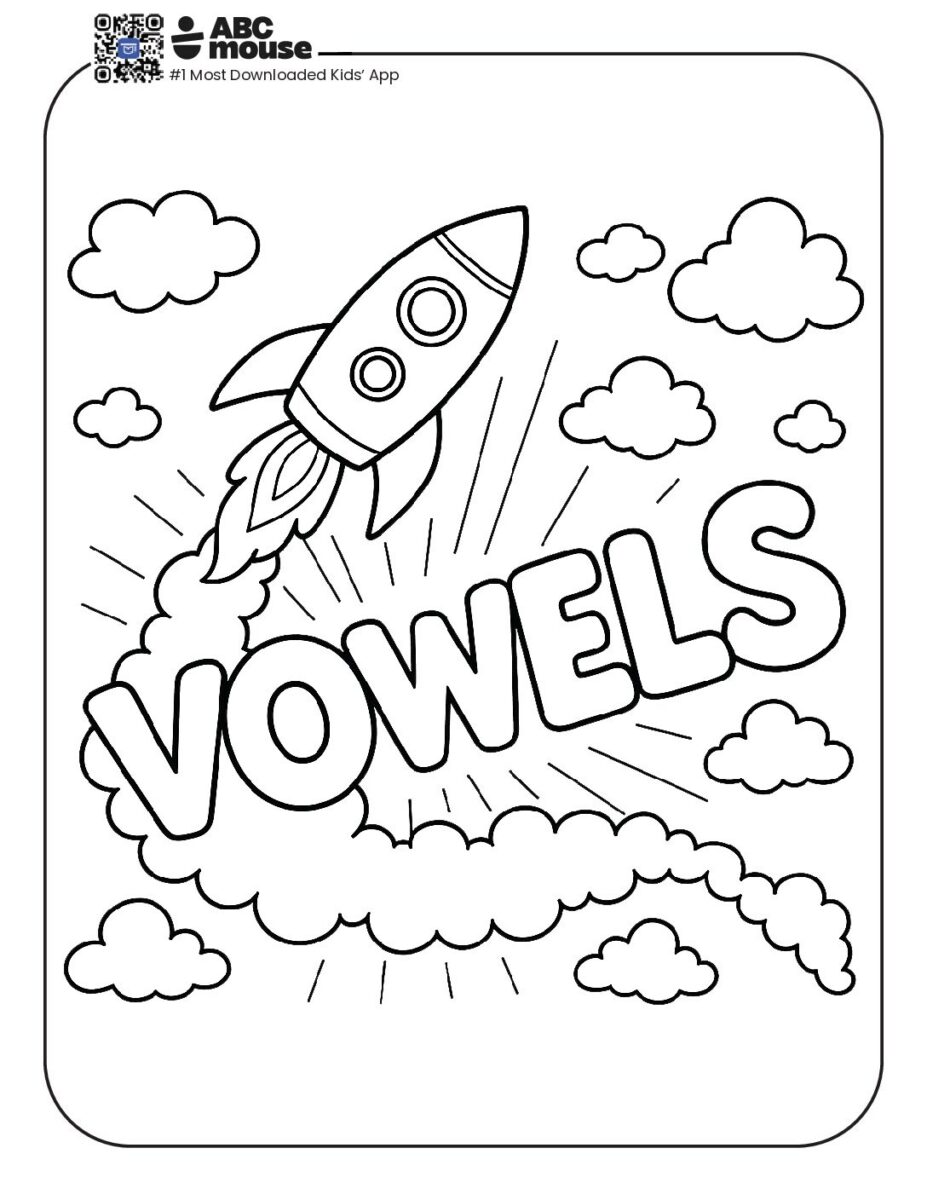 Vowels Coloring Page with rocket and clouds | ABCmouse
