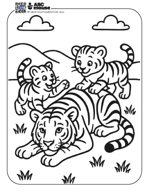 Free printable tiger playing with cubs coloring page for kids from ABCmouse.com. 