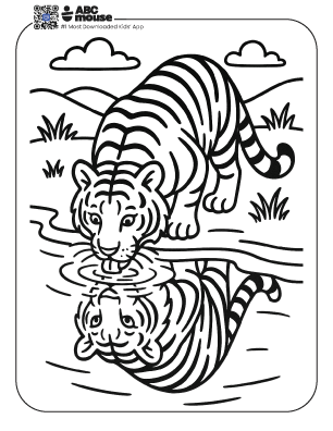 Free printable tiger drinking  coloring page for kids from ABCmouse.com. 